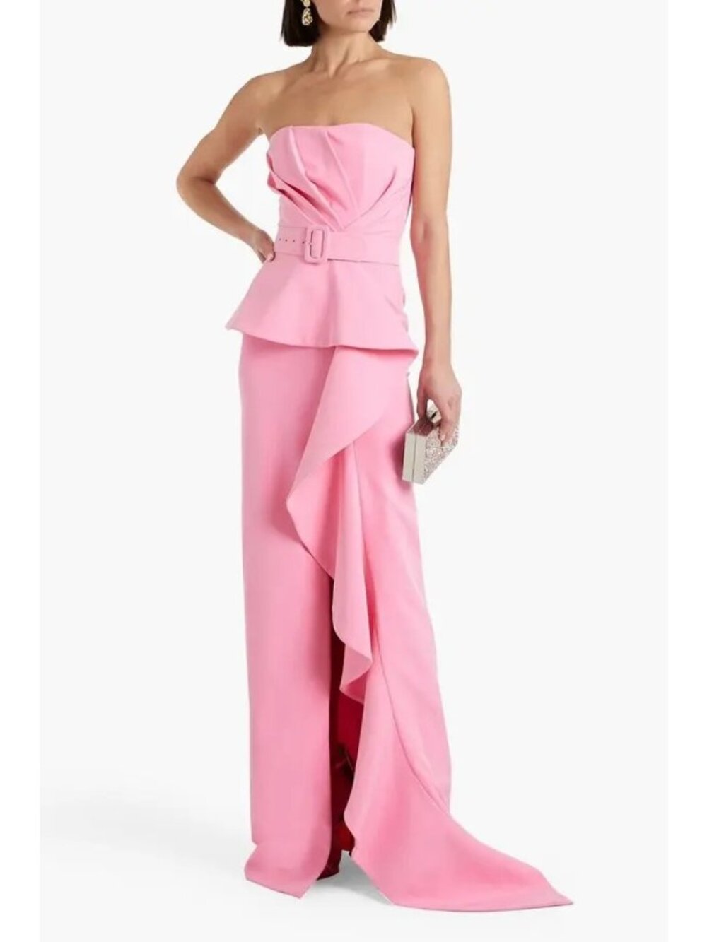 NWT $1925 Rhea Costa Strapless Draped Pleated Belted Crepe Gown Pink Size 6